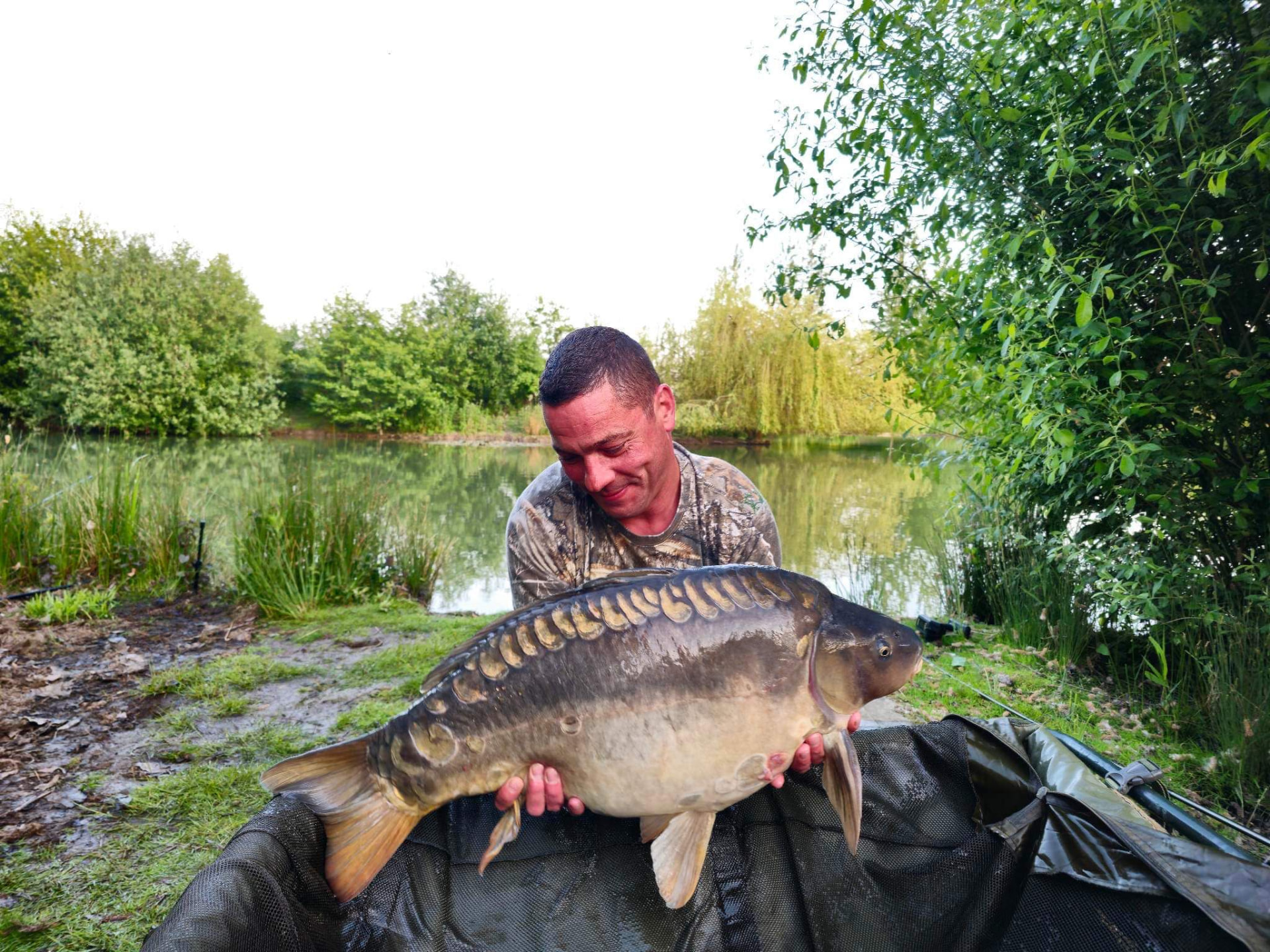 Angler holding a large mirror carp beside the lake at Alderwood Fishery