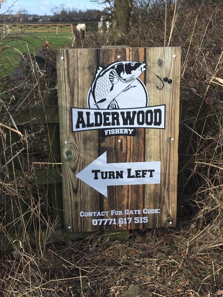 Alderwood Fishery entrance sign on Heyworth Lane